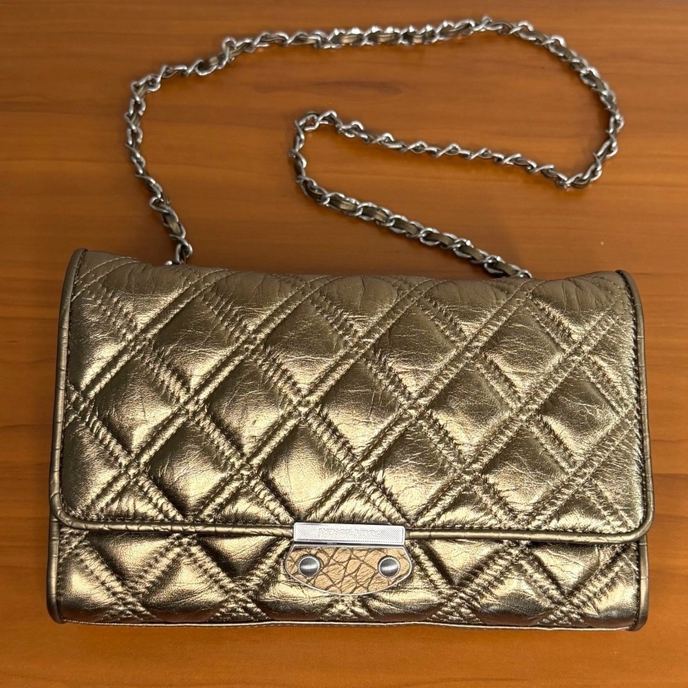 Judith Ripka Metallic Bronze Quilted Leather Crossbody Clutch Bag Silver Chain